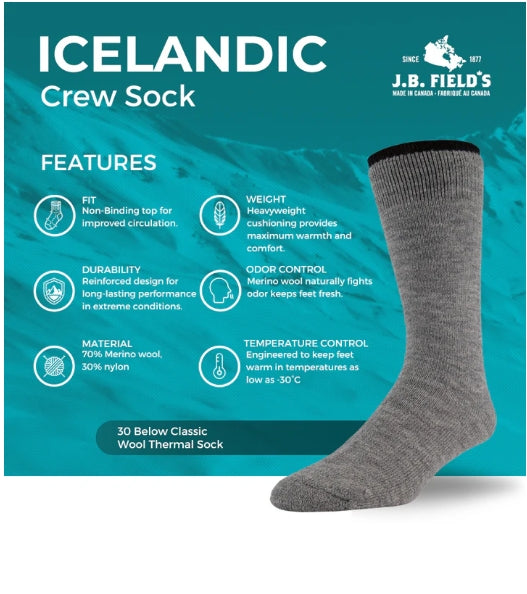 CHAUSSETTES THERMIQUES ICELANDIC « 30 BELOW CLASSIC » 70 % LAINE MÉRINOS DE JB FIELD'S | GC0780030B/GCO780039